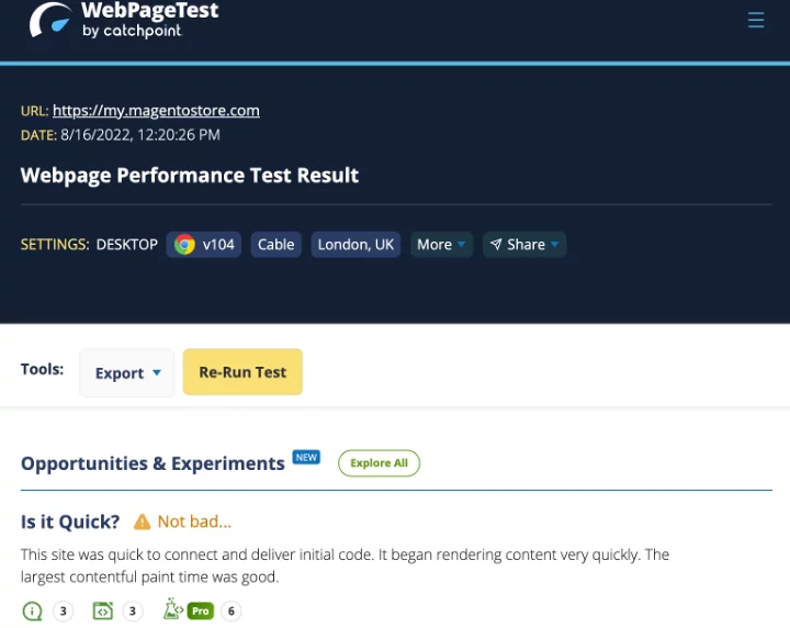 Webpagetest Magento
