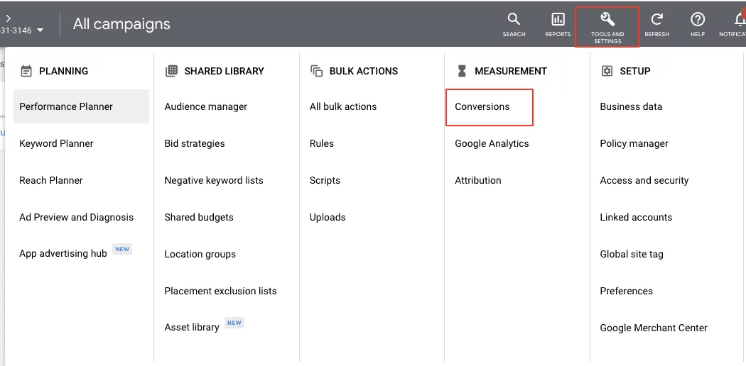 Navigation to Tools and Settings - Conversions