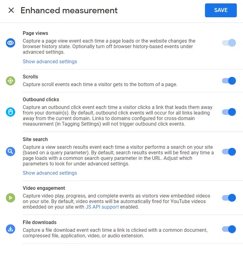 Google Enhanced measurement list